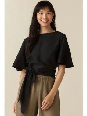Vetta Convertible Black Linen Blend Flutter Sleeve Wrap Top